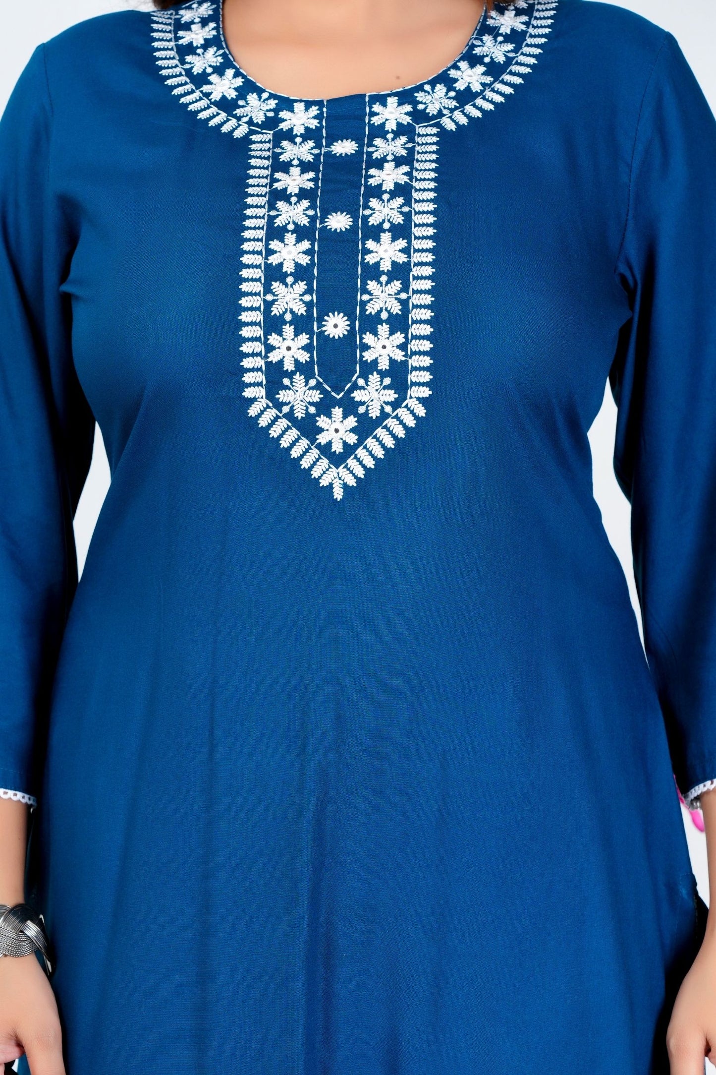 Women's Navy Blue Embroidered Kurti with 3/4th Sleeves – Elegant Casual & Office Wear