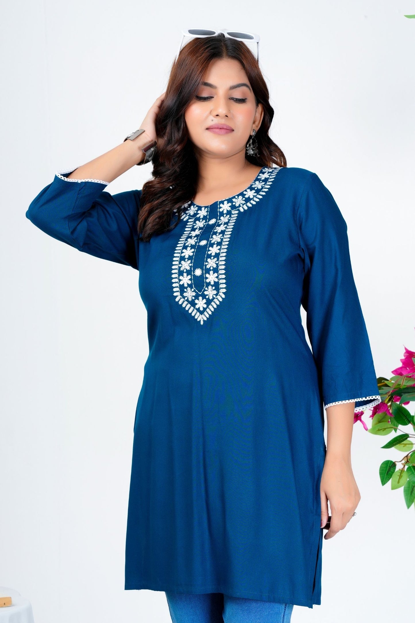 Women's Navy Blue Embroidered Kurti with 3/4th Sleeves – Elegant Casual & Office Wear
