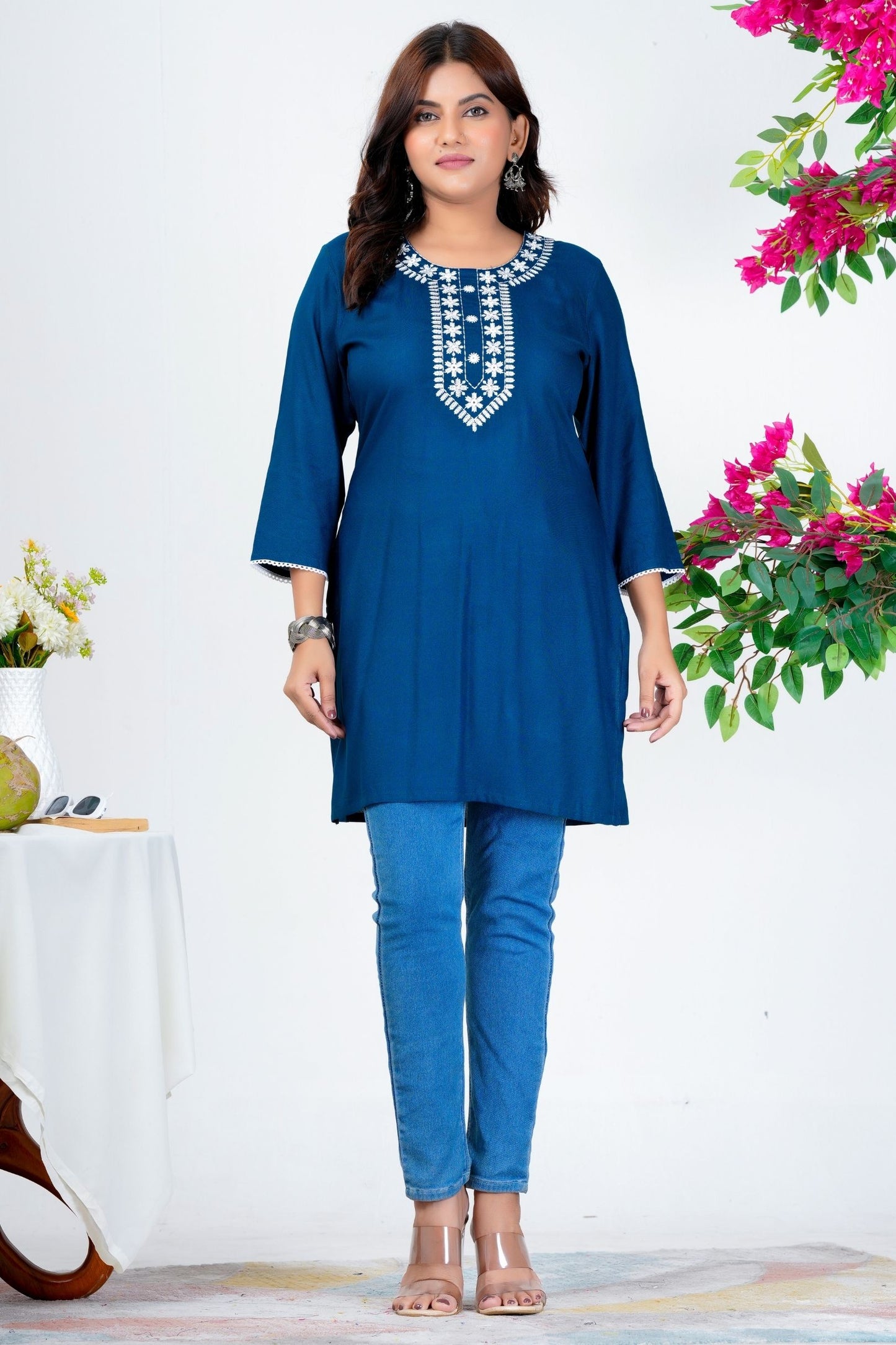 Women's Navy Blue Embroidered Kurti with 3/4th Sleeves – Elegant Casual & Office Wear