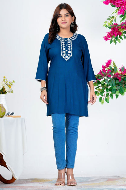 Women's Navy Blue Embroidered Kurti with 3/4th Sleeves – Elegant Casual & Office Wear