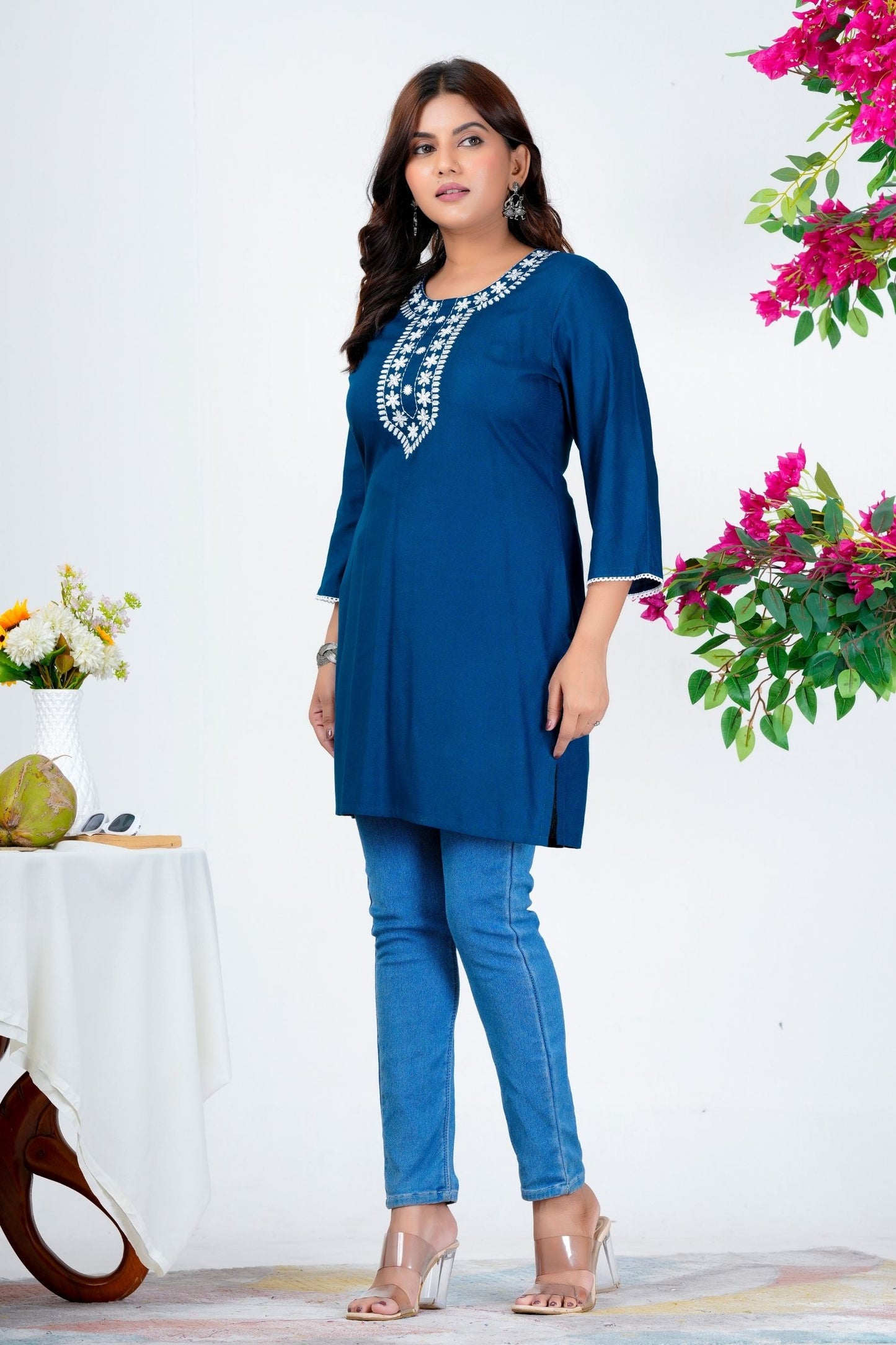 Women's Navy Blue Embroidered Kurti with 3/4th Sleeves – Elegant Casual & Office Wear