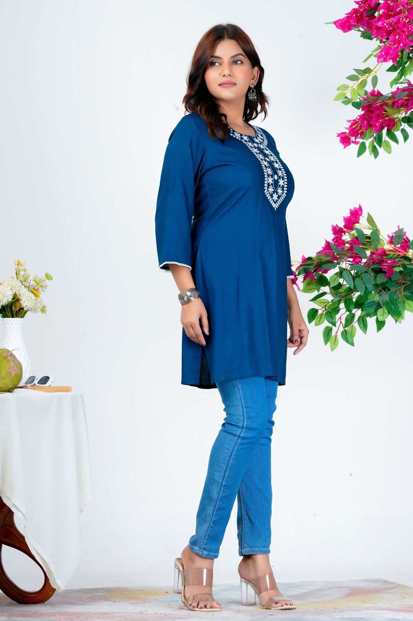 Women's Navy Blue Embroidered Kurti with 3/4th Sleeves – Elegant Casual & Office Wear