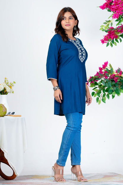 Women's Navy Blue Embroidered Kurti with 3/4th Sleeves – Elegant Casual & Office Wear