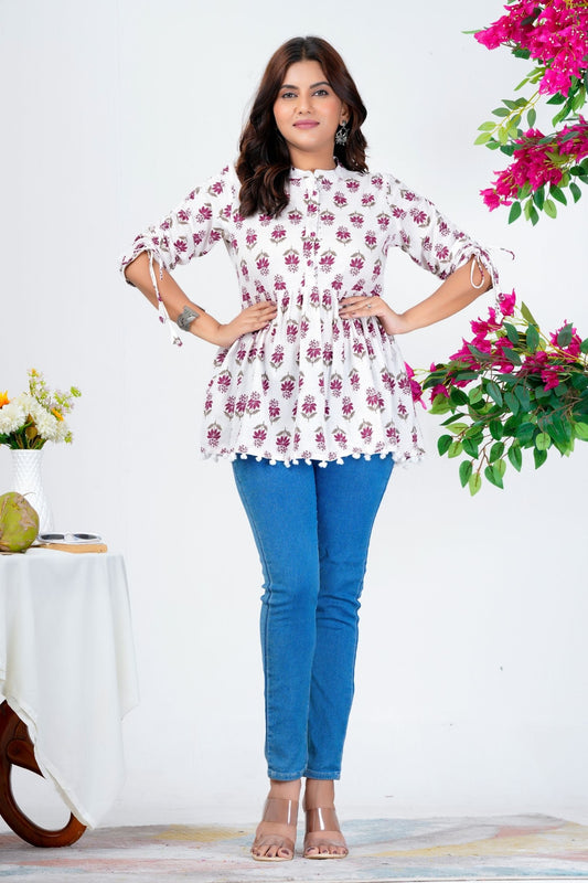 Women's Cotton Printed Peplum Top with 3/4 Sleeves – Casual Ethnic Wear
