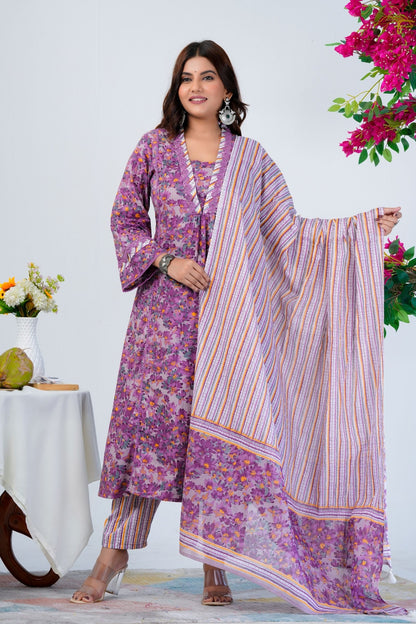 Women's Purple Floral Printed Kurta Set with Dupatta – Ethnic Wear for Festive & Casual Occasions