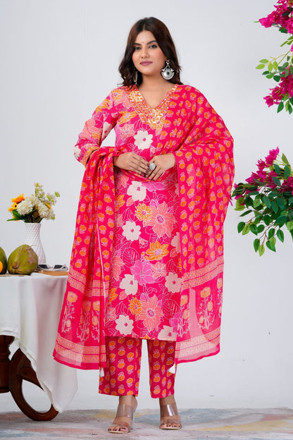 Women's Bright Pink Floral Printed Kurta Set with Dupatta – Festive & Ethnic Wear