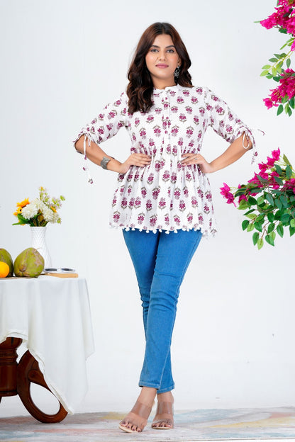 Women's Cotton Printed Peplum Top with 3/4 Sleeves – Casual Ethnic Wear