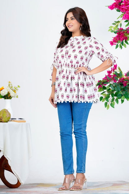 Women's Cotton Printed Peplum Top with 3/4 Sleeves – Casual Ethnic Wear