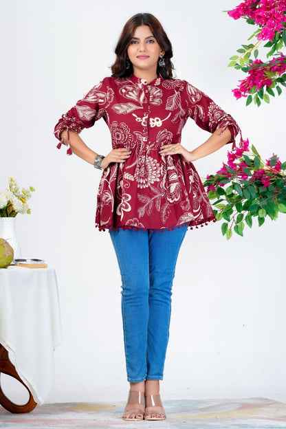 Women's Maroon Cotton Printed Peplum Top with 3/4 Sleeves – Ethnic Casual Wear