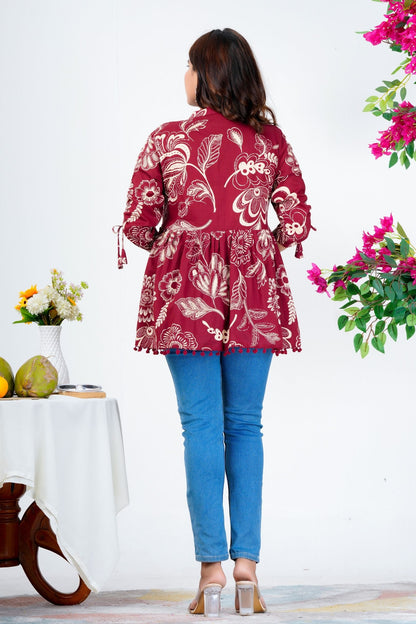 Women's Maroon Cotton Printed Peplum Top with 3/4 Sleeves – Ethnic Casual Wear