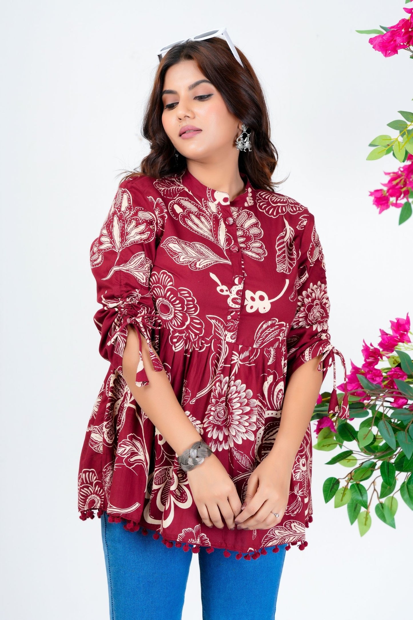 Women's Maroon Cotton Printed Peplum Top with 3/4 Sleeves – Ethnic Casual Wear
