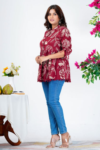 Women's Maroon Cotton Printed Peplum Top with 3/4 Sleeves – Ethnic Casual Wear