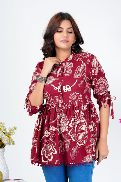 Women's Maroon Cotton Printed Peplum Top with 3/4 Sleeves – Ethnic Casual Wear