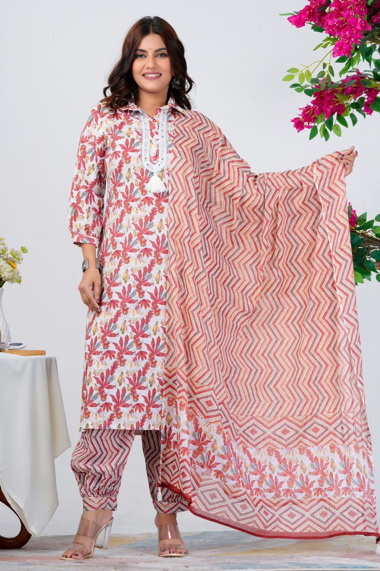 Women's White & Red Leaf Print Kurta Set with Chevron Dupatta – Ethnic Wear