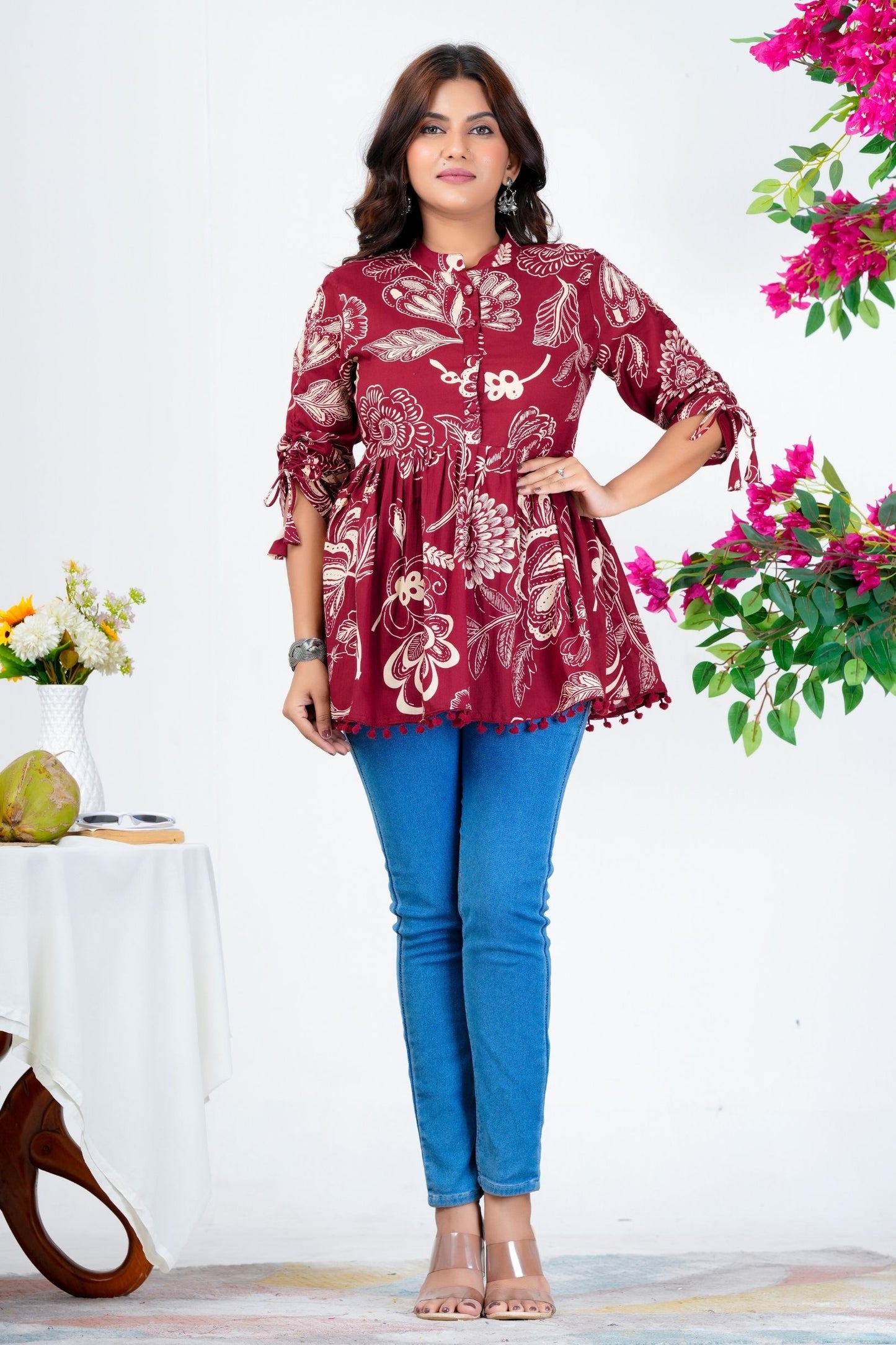 Women's Maroon Cotton Printed Peplum Top with 3/4 Sleeves – Ethnic Casual Wear