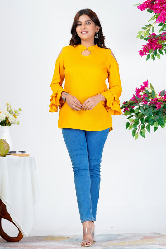 Women's Mustard Yellow Solid Ruffle Sleeve Top with Keyhole Neck – Stylish Casual Wear