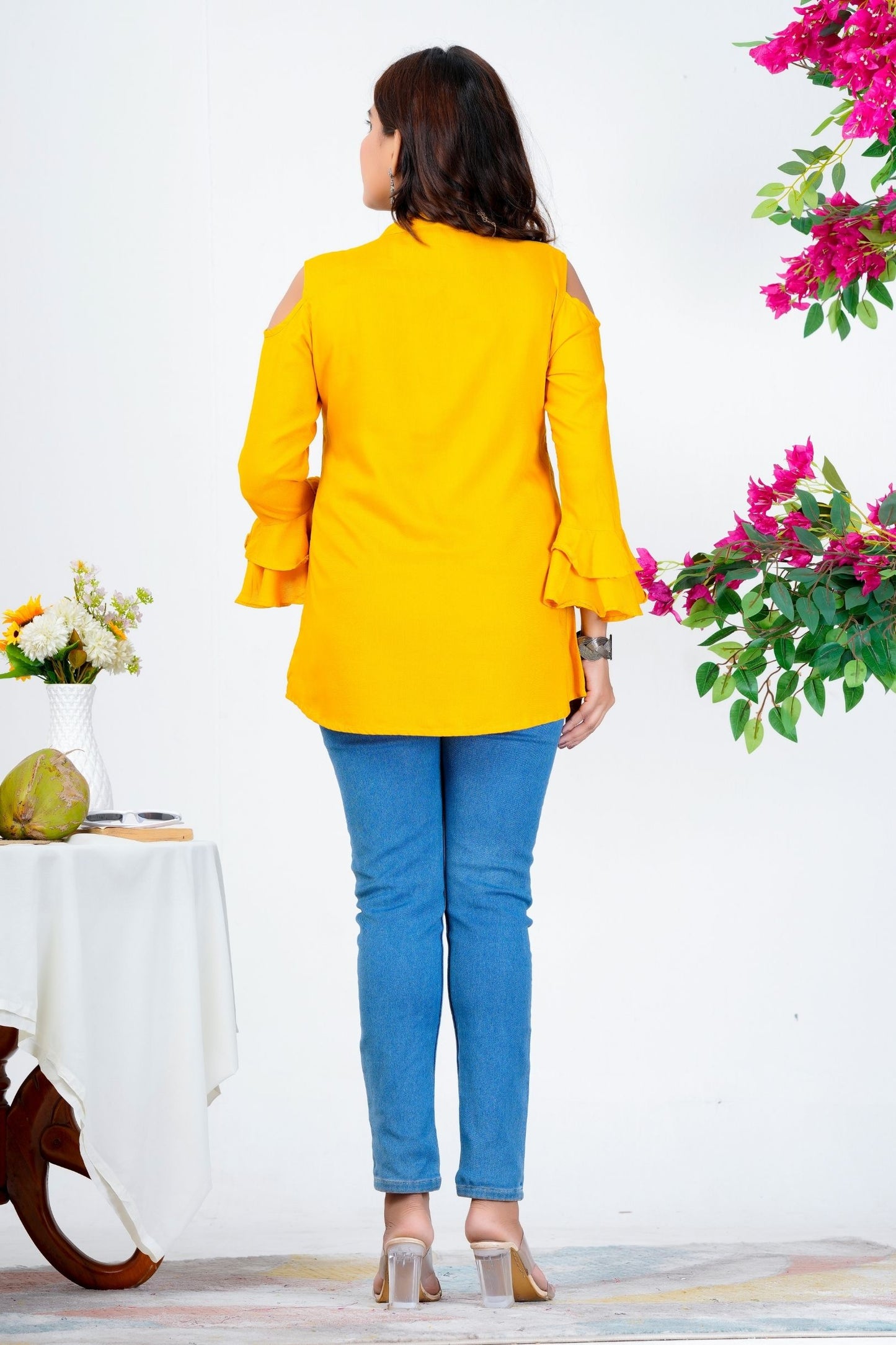 Women's Mustard Yellow Solid Ruffle Sleeve Top with Keyhole Neck – Stylish Casual Wear