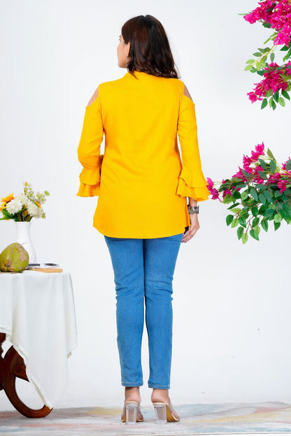Women's Mustard Yellow Solid Ruffle Sleeve Top with Keyhole Neck – Stylish Casual Wear