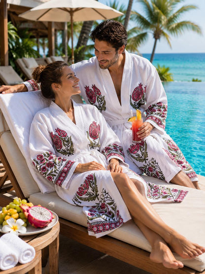 Hand Block Printed Cotton Waffle Robes for Couples | Green Floral Jaipur Kimono Bathrobes