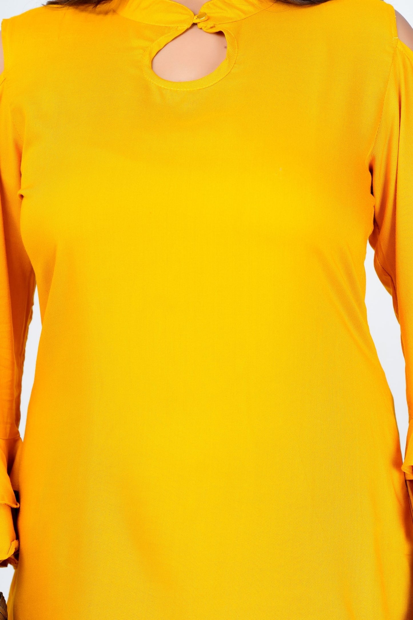 Women's Mustard Yellow Solid Ruffle Sleeve Top with Keyhole Neck – Stylish Casual Wear