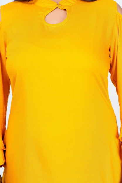 Women's Mustard Yellow Solid Ruffle Sleeve Top with Keyhole Neck – Stylish Casual Wear