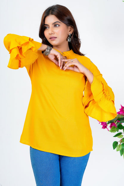 Women's Mustard Yellow Solid Ruffle Sleeve Top with Keyhole Neck – Stylish Casual Wear