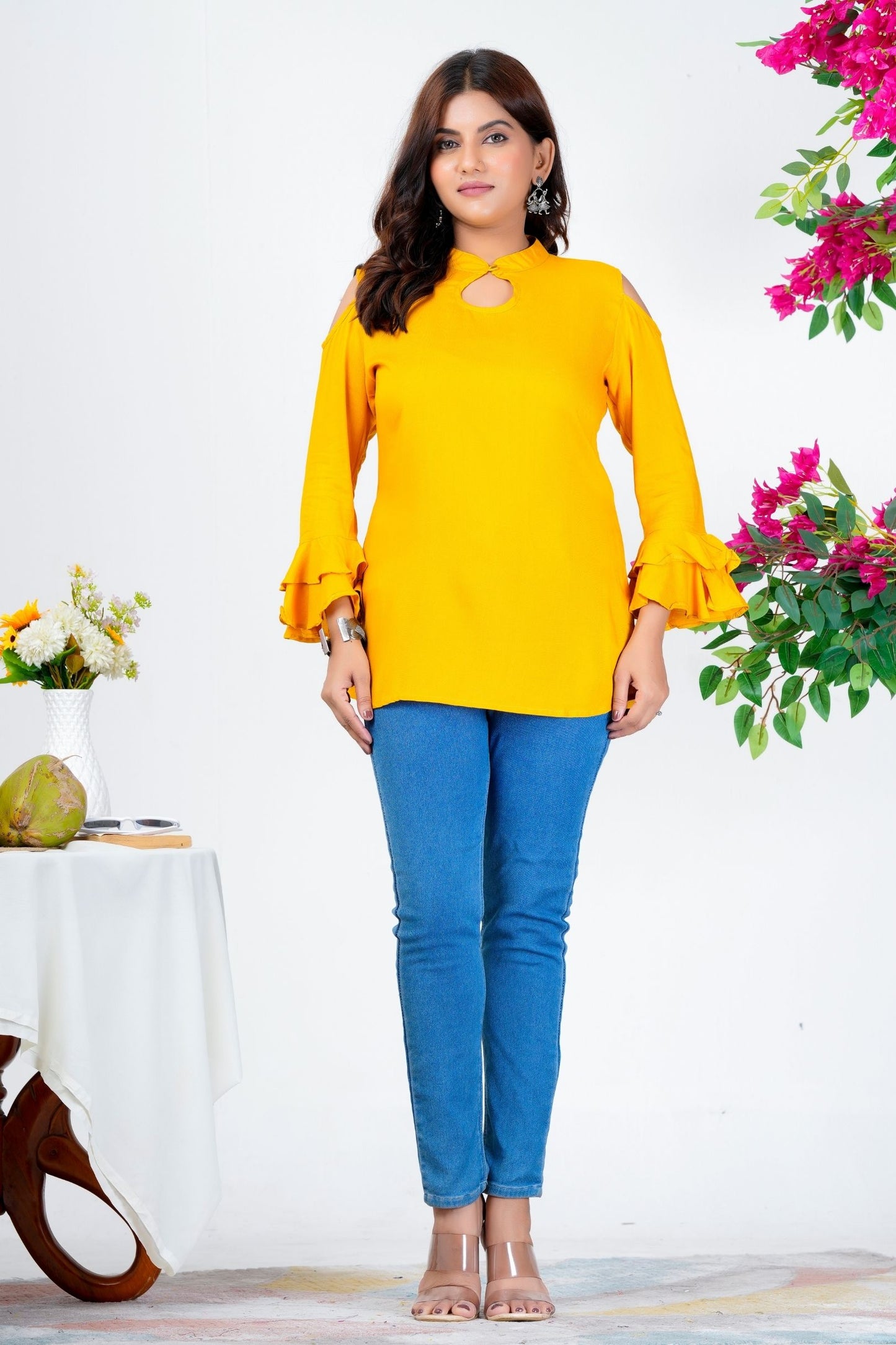 Women's Mustard Yellow Solid Ruffle Sleeve Top with Keyhole Neck – Stylish Casual Wear