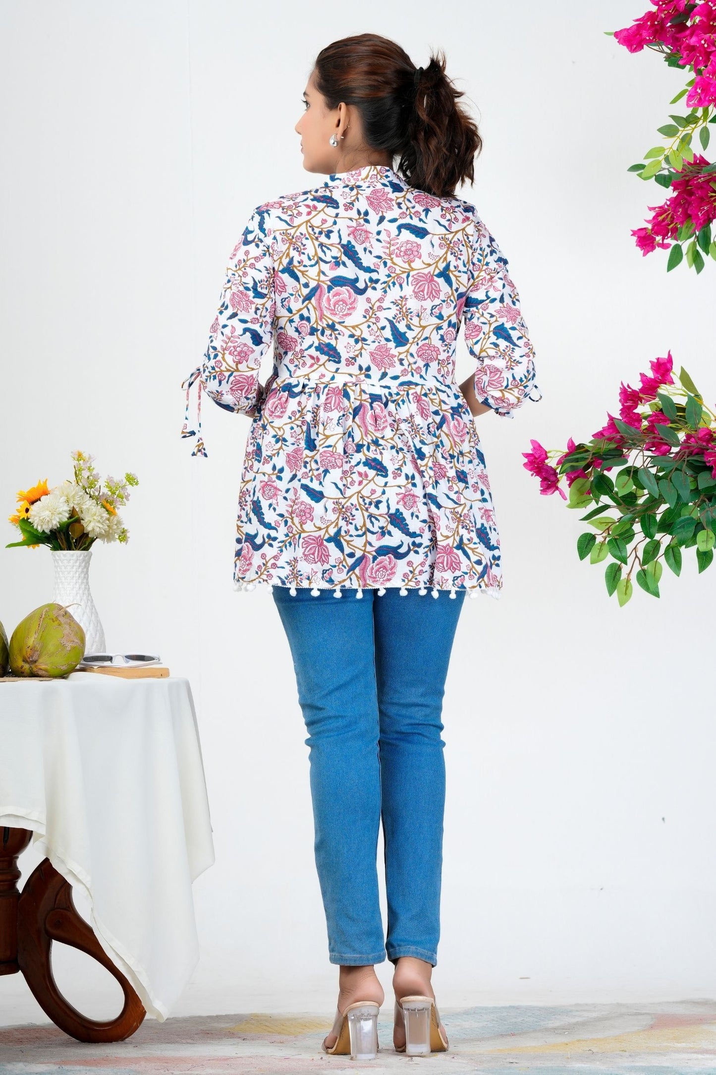 Women's White Floral Printed Cotton Peplum Top with 3/4 Sleeves – Casual & Ethnic Fusion Wear