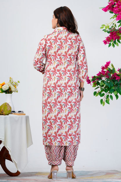 Women's White & Red Leaf Print Kurta Set with Chevron Dupatta – Ethnic Wear