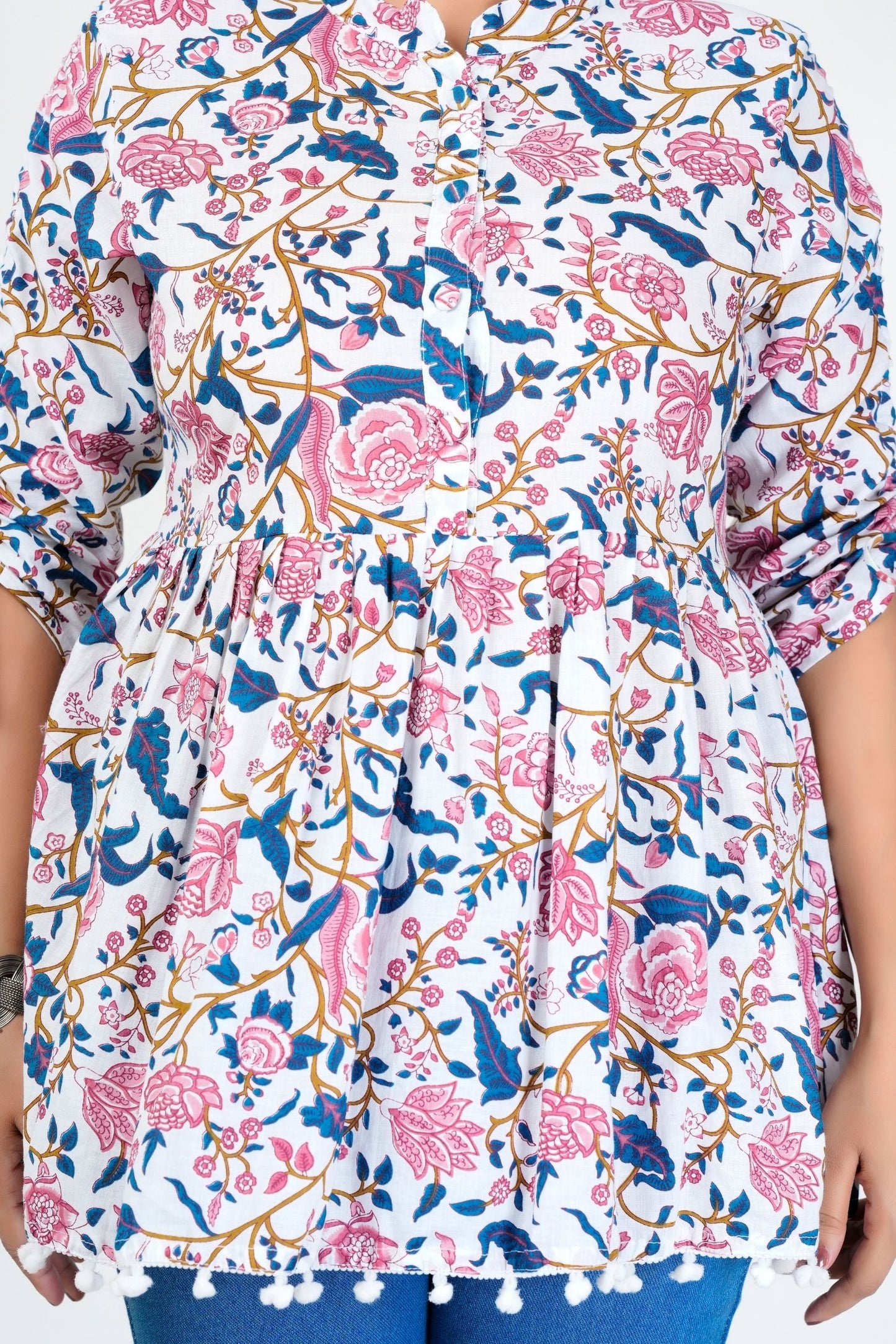 Women's White Floral Printed Cotton Peplum Top with 3/4 Sleeves – Casual & Ethnic Fusion Wear