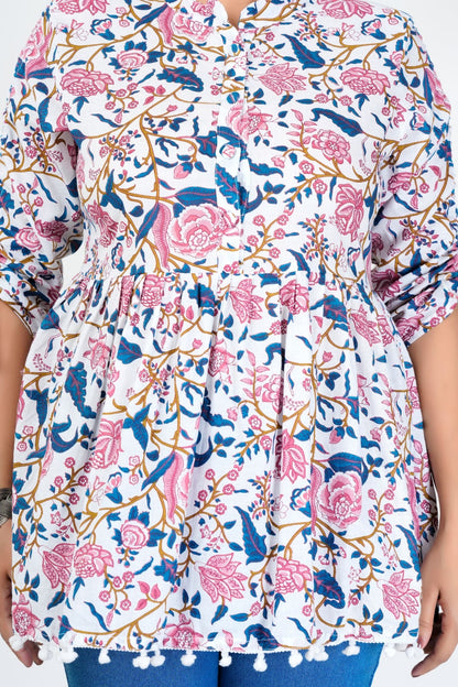 Women's White Floral Printed Cotton Peplum Top with 3/4 Sleeves – Casual & Ethnic Fusion Wear