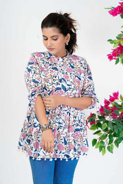 Women's White Floral Printed Cotton Peplum Top with 3/4 Sleeves – Casual & Ethnic Fusion Wear