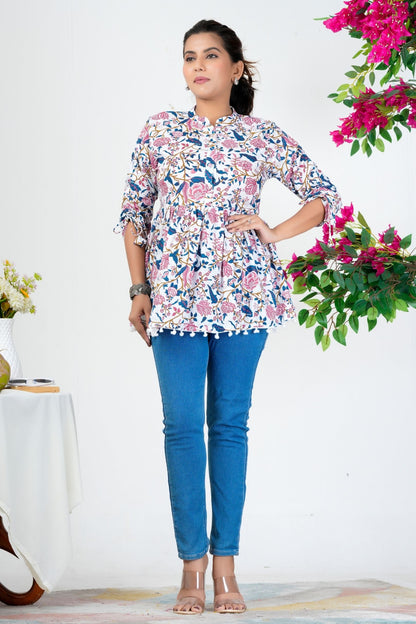 Women's White Floral Printed Cotton Peplum Top with 3/4 Sleeves – Casual & Ethnic Fusion Wear