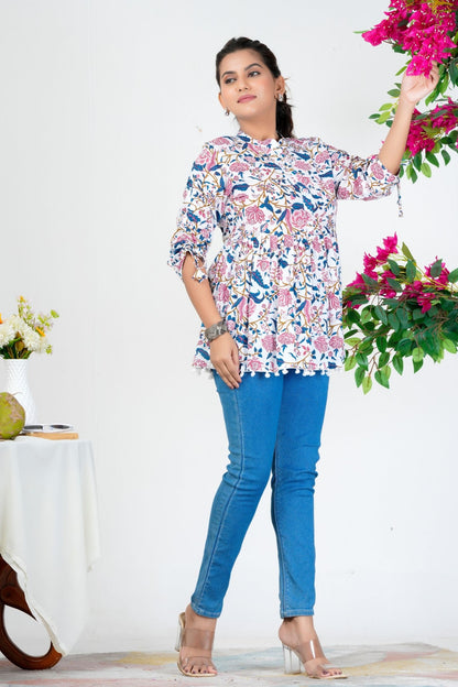 Women's White Floral Printed Cotton Peplum Top with 3/4 Sleeves – Casual & Ethnic Fusion Wear