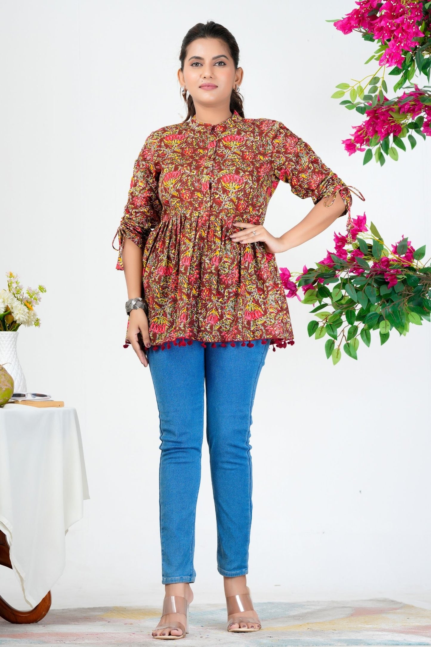 Women's Maroon Multicolor Floral Printed Cotton Peplum Top with 3/4 Sleeves – Casual & Festive Wear