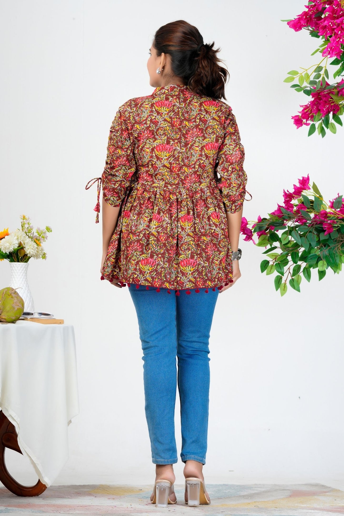 Women's Maroon Multicolor Floral Printed Cotton Peplum Top with 3/4 Sleeves – Casual & Festive Wear