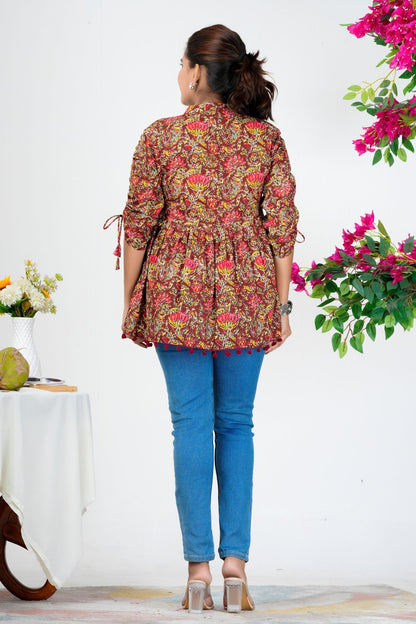 Women's Maroon Multicolor Floral Printed Cotton Peplum Top with 3/4 Sleeves – Casual & Festive Wear