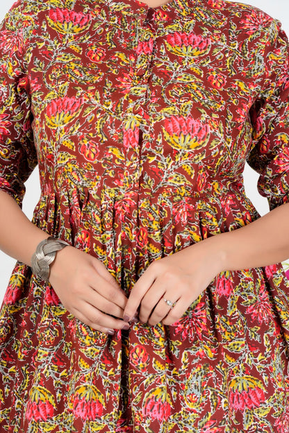 Women's Maroon Multicolor Floral Printed Cotton Peplum Top with 3/4 Sleeves – Casual & Festive Wear