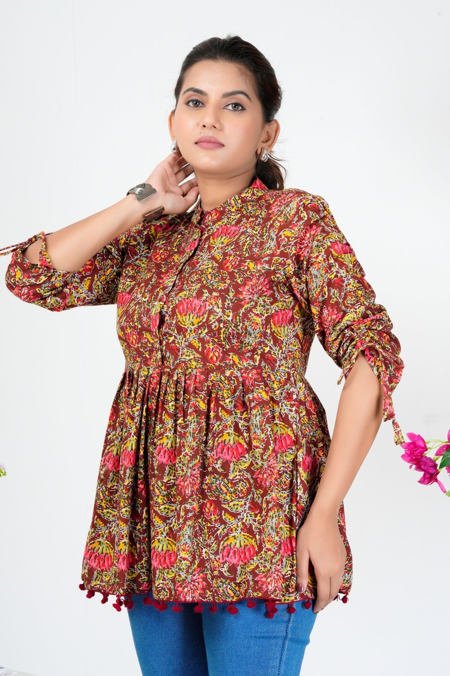 Women's Maroon Multicolor Floral Printed Cotton Peplum Top with 3/4 Sleeves – Casual & Festive Wear