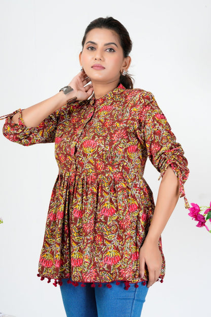 Women's Maroon Multicolor Floral Printed Cotton Peplum Top with 3/4 Sleeves – Casual & Festive Wear
