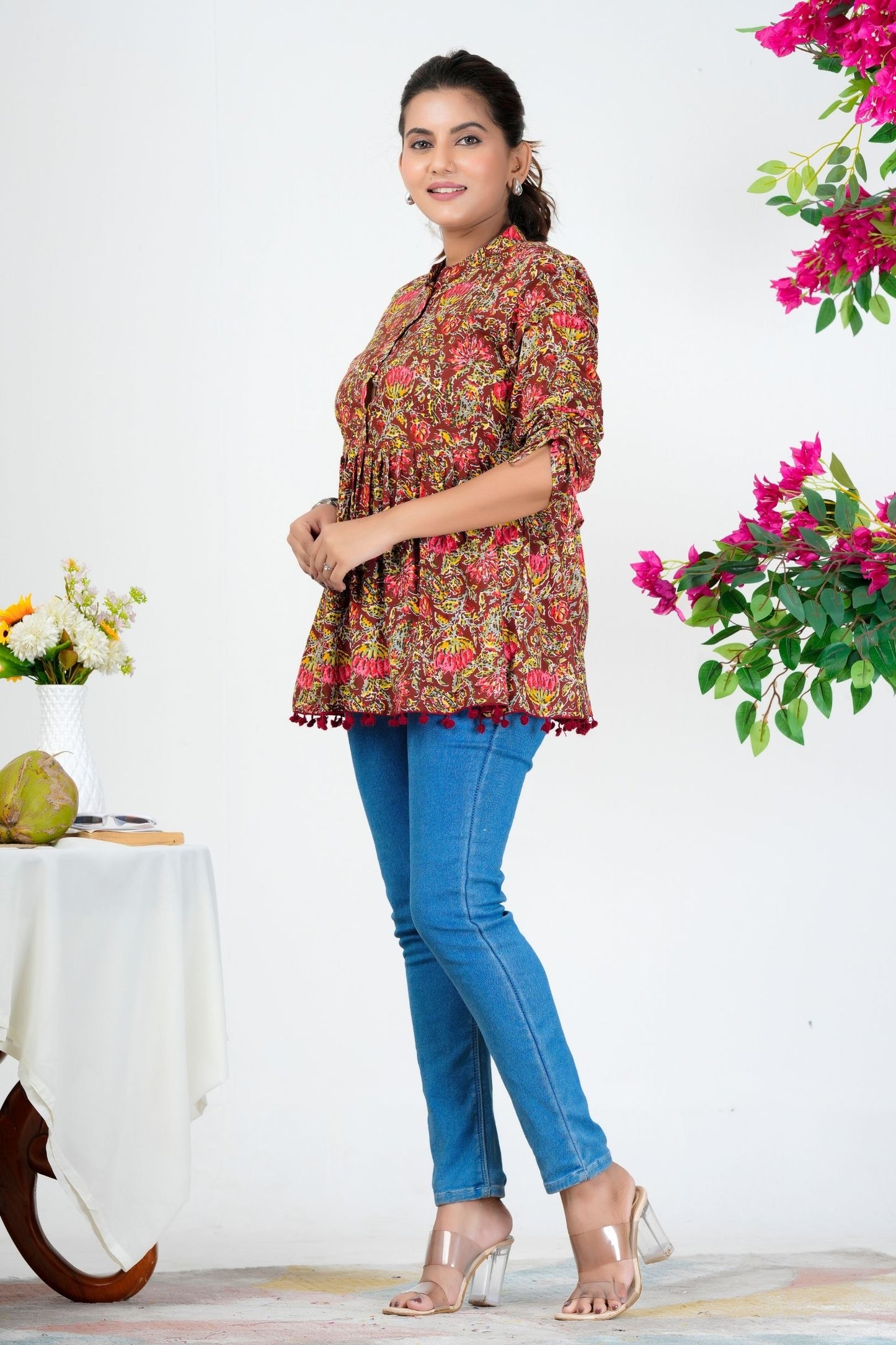 Women's Maroon Multicolor Floral Printed Cotton Peplum Top with 3/4 Sleeves – Casual & Festive Wear
