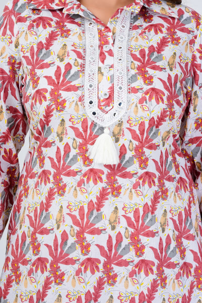 Women's White & Red Leaf Print Kurta Set with Chevron Dupatta – Ethnic Wear