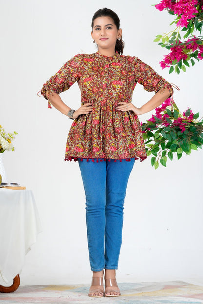 Women's Maroon Multicolor Floral Printed Cotton Peplum Top with 3/4 Sleeves – Casual & Festive Wear