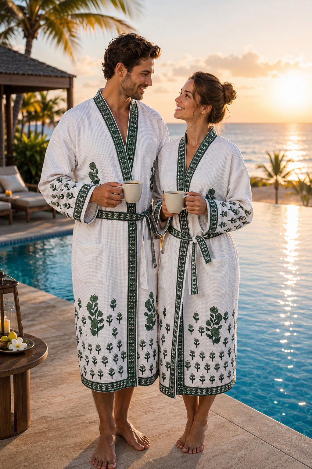Hand Block Printed Cotton Waffle Robes for Couples | Green Floral Kimono Style (His & Hers)