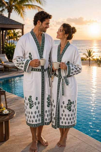 Hand Block Printed Cotton Waffle Robes for Couples | Green Floral Kimono Style (His & Hers)