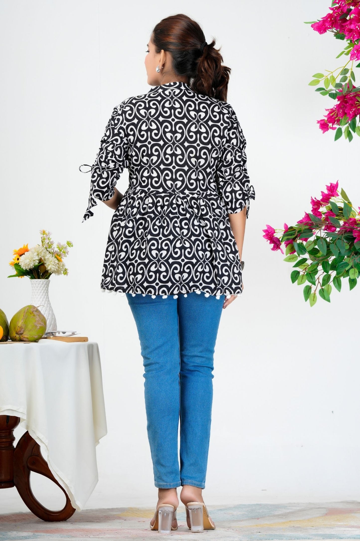 Women's Black & White Printed Cotton Peplum Top with 3/4 Sleeves – Stylish Casual Ethnic Wear