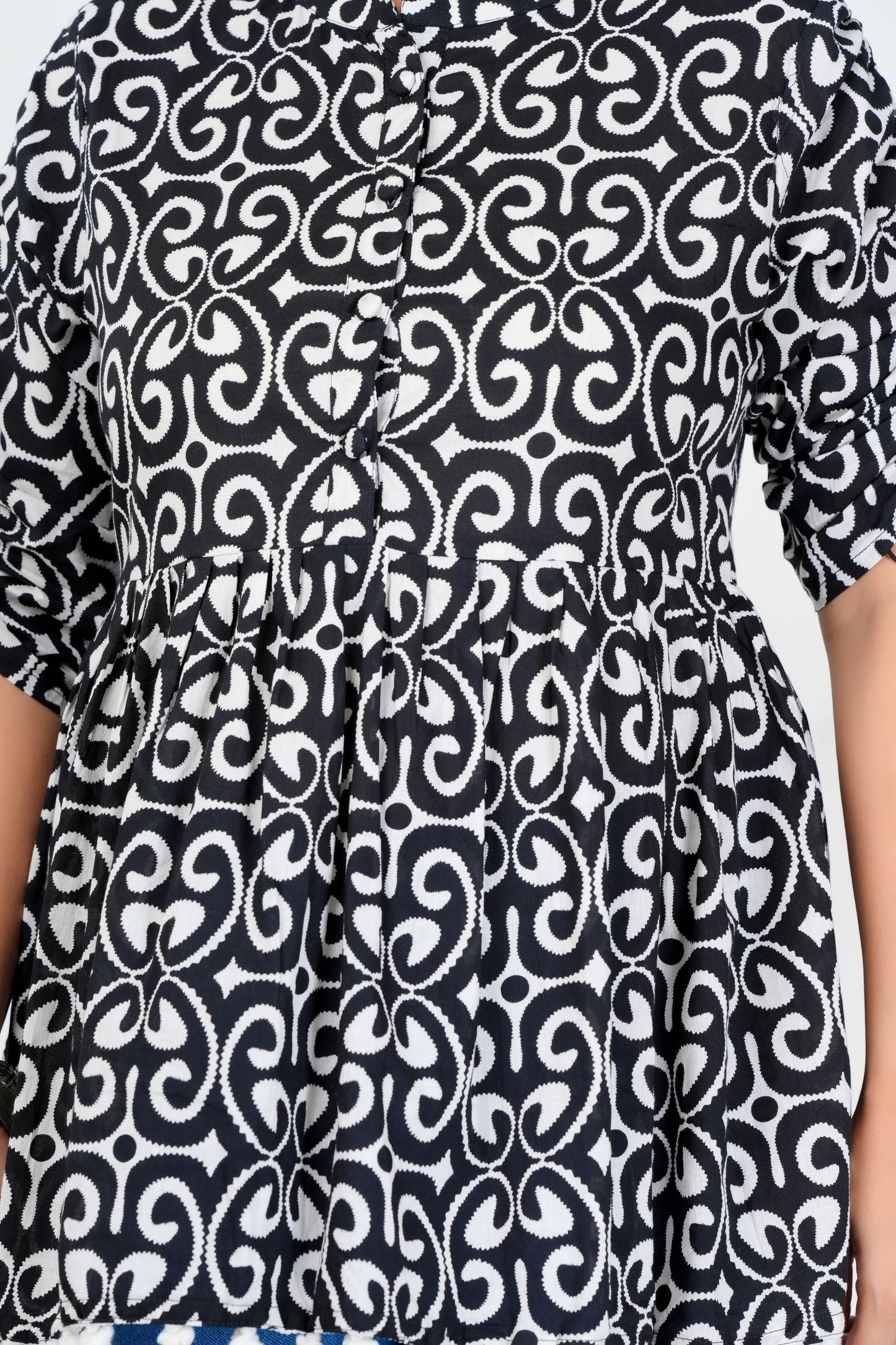 Women's Black & White Printed Cotton Peplum Top with 3/4 Sleeves – Stylish Casual Ethnic Wear
