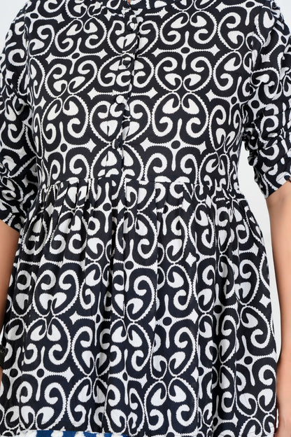 Women's Black & White Printed Cotton Peplum Top with 3/4 Sleeves – Stylish Casual Ethnic Wear