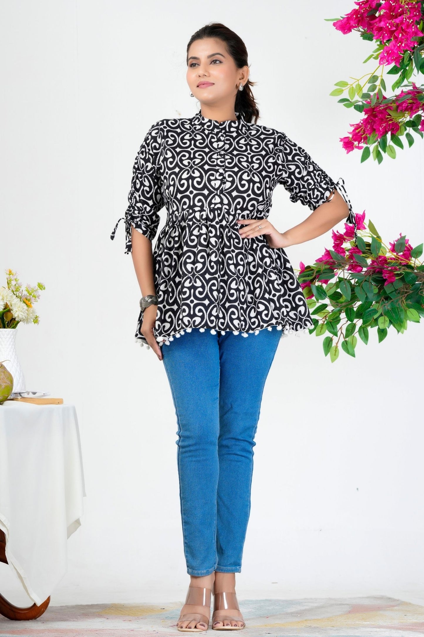 Women's Black & White Printed Cotton Peplum Top with 3/4 Sleeves – Stylish Casual Ethnic Wear