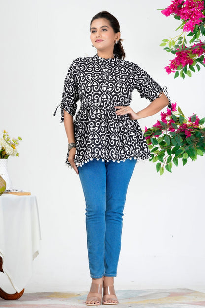 Women's Black & White Printed Cotton Peplum Top with 3/4 Sleeves – Stylish Casual Ethnic Wear